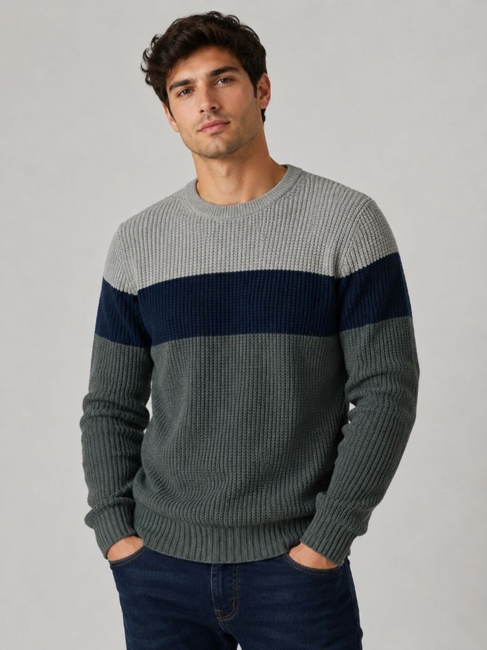 J.Crew Colorblock Sweater Mens Size Small Gray Navy Striped Waffle Knit Pullover